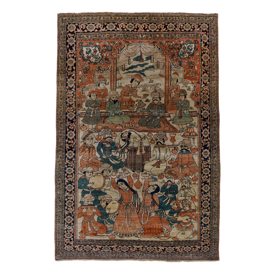 Carpet Persia, early 20th century: Decorated in polychromy with a banquet scene, the top with the notables accompanied by pages attending a dance show, with female figures and musicians, several inscriptions. 79.5 x 52 in.