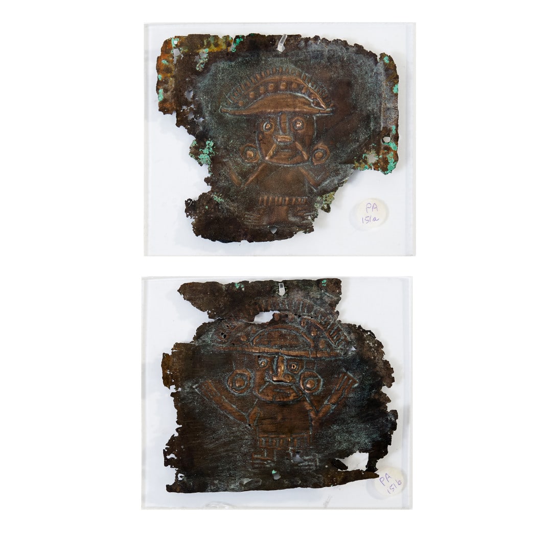 Two small plaques Peru, 1100-1400 A.D.: Embossed copper, each depicting a figure with a feathered headdress. 4.3 x 4.9 in.