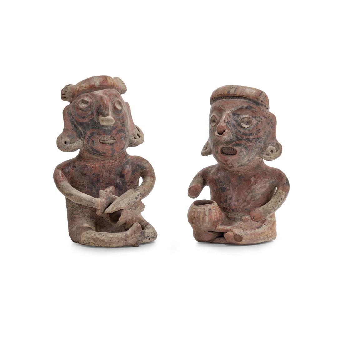 Pair of seated figures Mexico, Nayarit culture, 300 BC-600 AD: Painted earthenware. The largest 11.8 x 7.7 x 5.9 in. Bibliografia/Literature _x000B_ Zanetti G. (a cura di), Prima dell’America. 4000 anni di arte precolombiana, catalogo della mostra di Bologna,