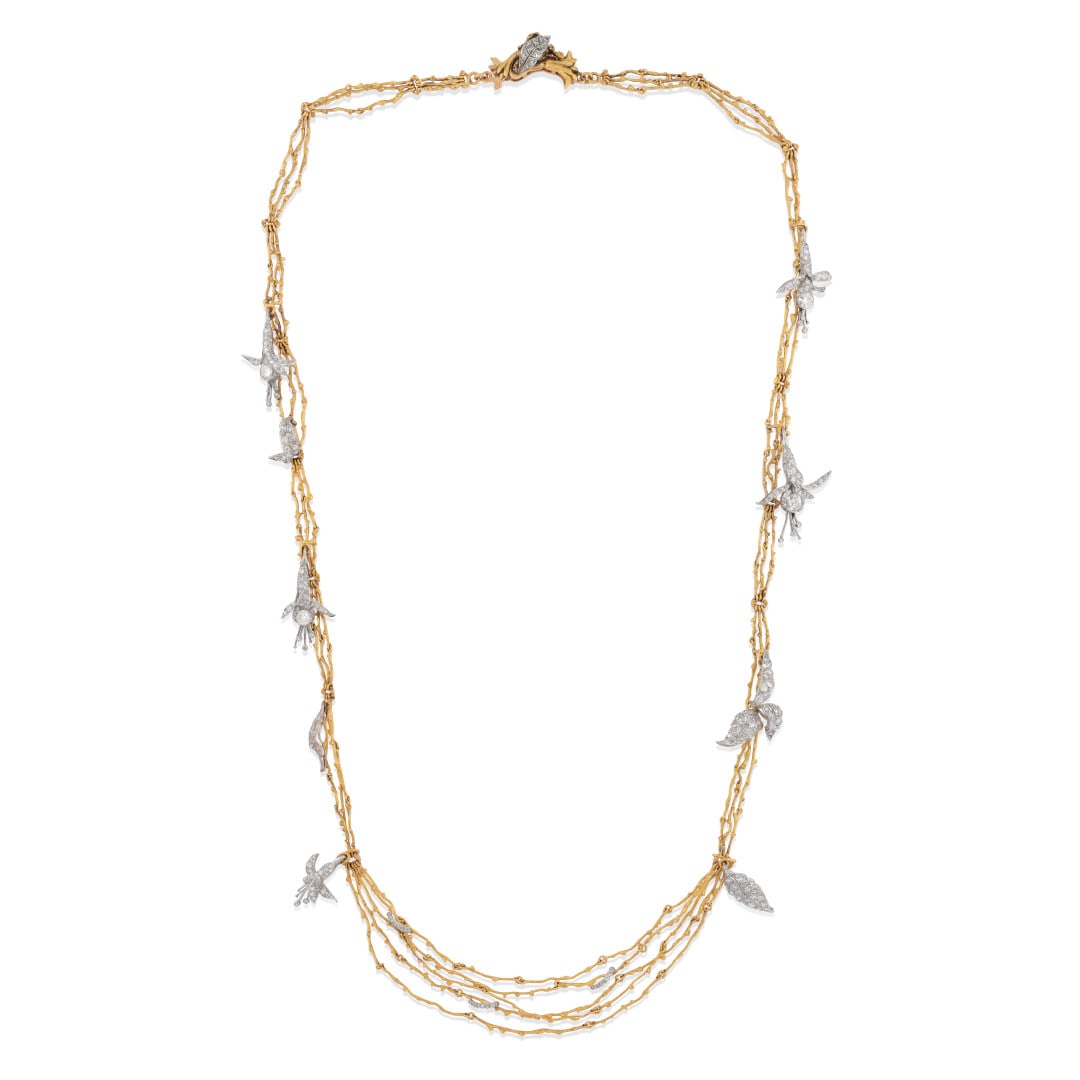COLLANA LUNGA IN DIAMANTI - LONG DIAMOND NECKLACE: in oro giallo e bianco a festoni con pendenti floreali in diamanti taglio Vecchia Miniera e huit-huit di ct 2,50 ca. Gr 93,20 - cm 82,00 - in yellow and white gold of festoon design with floral pendan