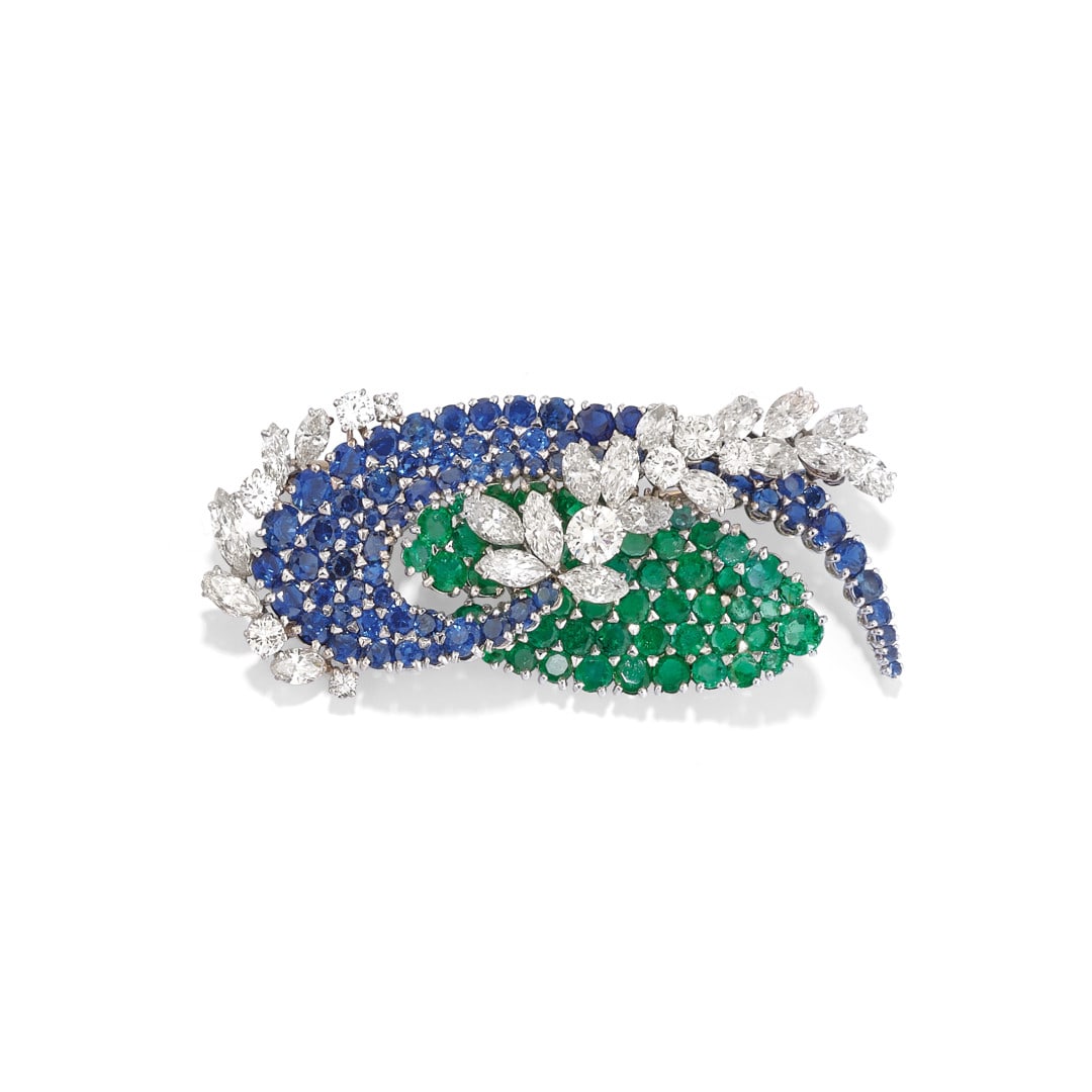 SPILLA IN DIAMANTI, ZAFFIRI E SMERALDI - DIAMOND, SAPPHIRE AND EMERALD BROOCH (1 of 2)