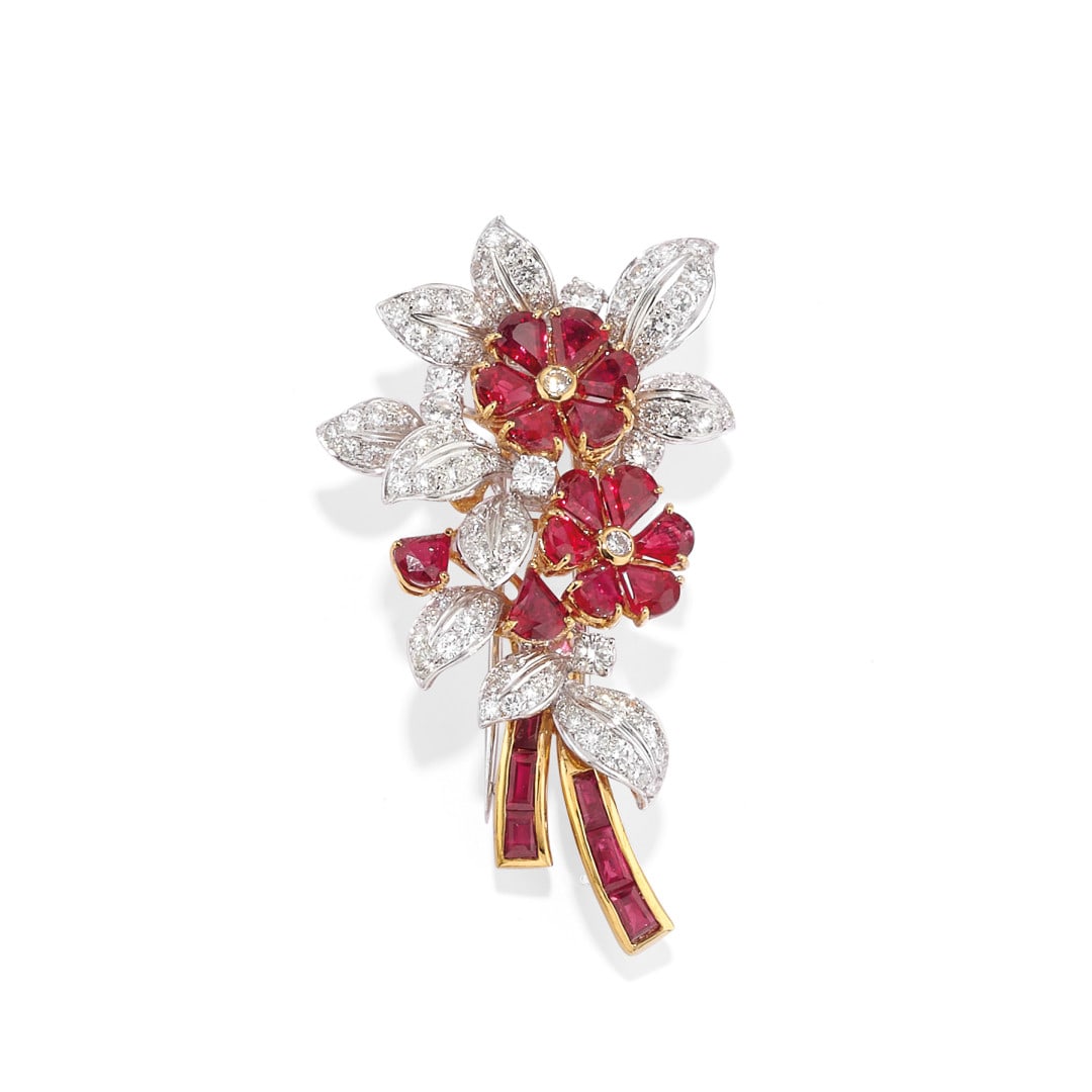 SPILLA IN RUBINI E DIAMANTI, FASANO - RUBY AND DIAMOND BROOCH, FASANO (1 of 2)