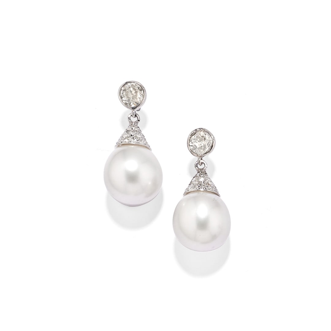 PAIO DI ORECCHINI PENDENTI IN PERLA E DIAMANTI - PAIR OF PEARL AND DIAMOND PENDENT EARRINGS (1 of 1)