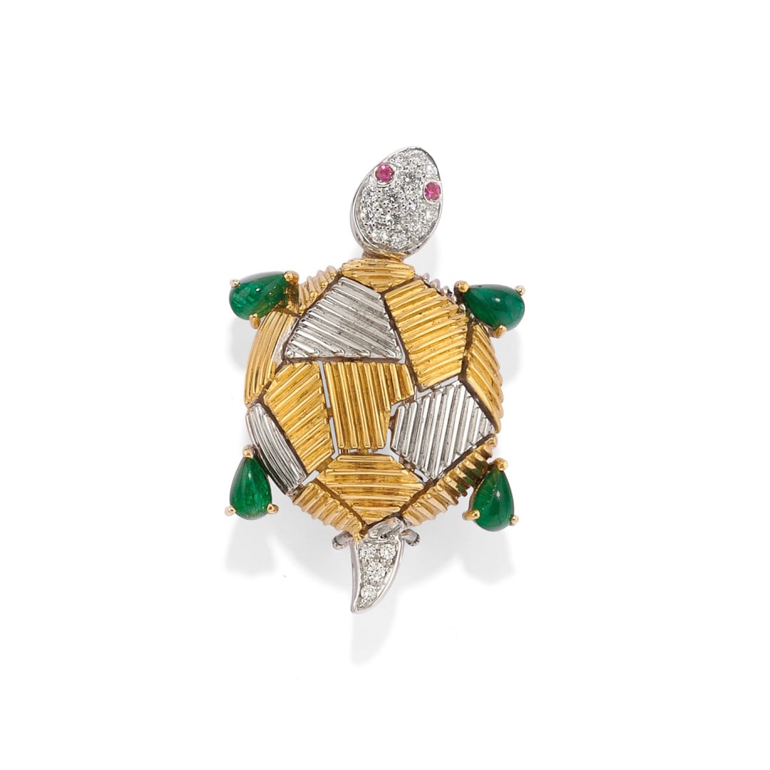 SPILLA IN SMERALDI E DIAMANTI, FASANO - EMERALD AND DIAMOND BROOCH, FASANO (1 of 2)