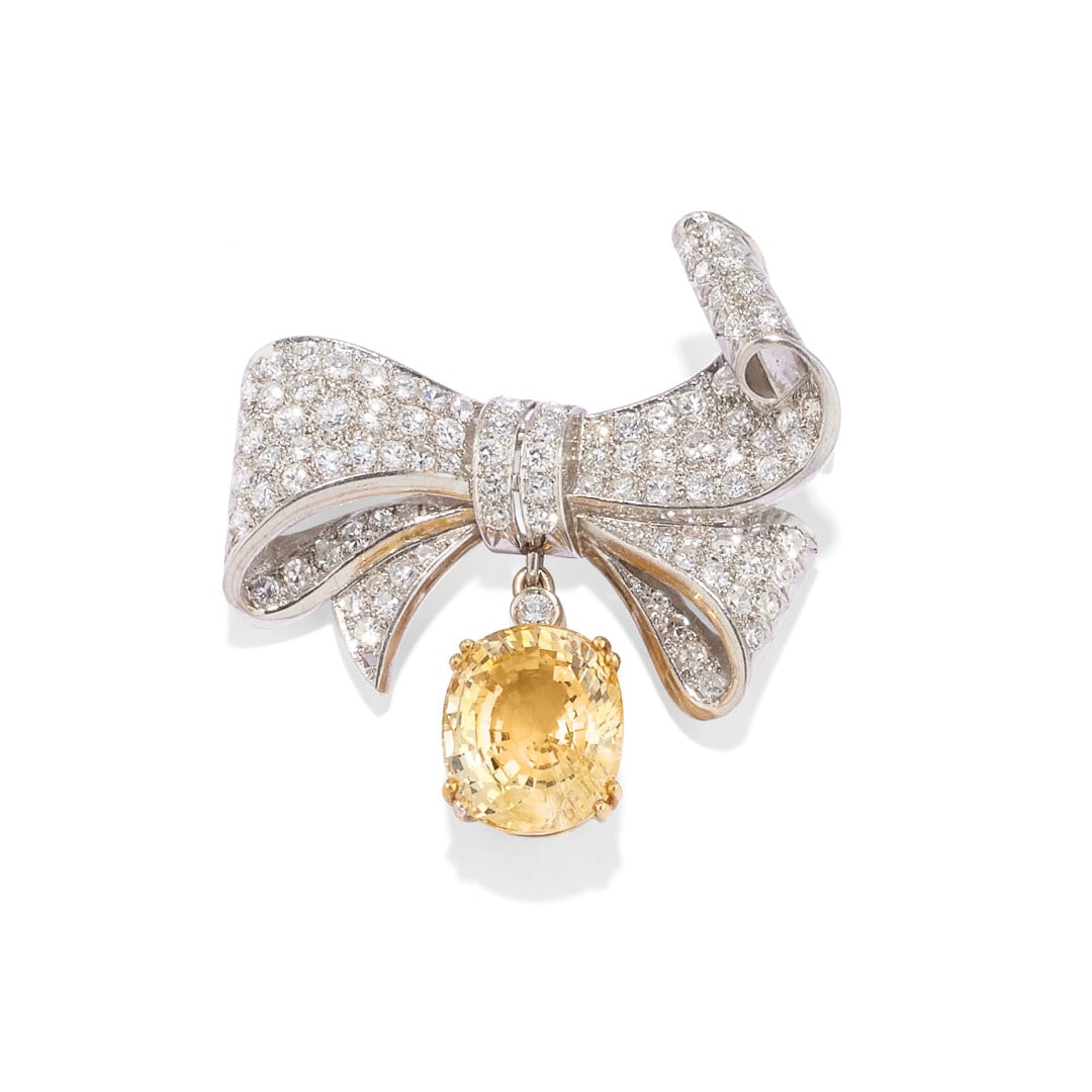 SPILLA IN ZAFFIRO GIALLO E DIAMANTI - YELLOW SAPPHIRE AND DIAMOND BROOCH (1 of 1)