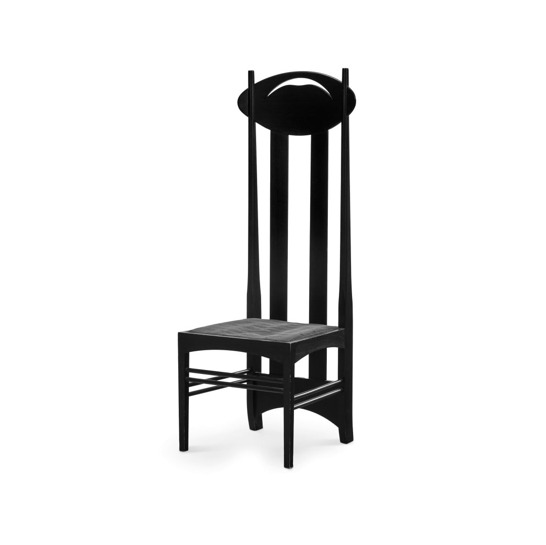 CHARLES RENNIE MACKINTOSH 1868-1928 Sedia 'Argyle' produzione Cassina - CHARLES RENNIE MACKINTOSH: Legno tinto, tessuto. Marchio originale, numerata 1191. Difetti al tessuto. 137,50 x 51,50 x 46,00 cm - Stained wood, fabric. Original mark, numbered 1191. Defects to fabric. 54.13 x 20.28 x 18.11 in.