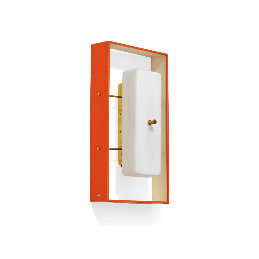 LAMPADA DA PARETE O SOFFITTO Italia anni '50 - Wall or ceiling lamp Italy 1950s: Vetro, ottone, alluminio verniciato. 28,00 x 50,00 x 12,00 cm - Glass, brass, painted aluminum. 11.02 x 19.68 x 4.72 in.