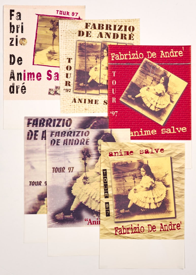 FABRIZIO DE ANDRÉ Anime Salve Tour 1997: Offset. No printer indicated. Test print of 6 original posters related to the Anime Salve tour, printed in 1996 and associated with the 1997 tour, provenance managment ot the artist Very rare 18.90 x