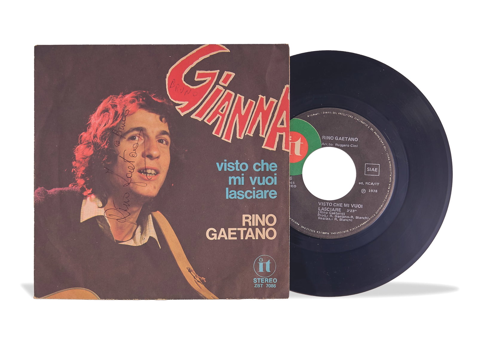 RINO GAETANO Gianna 1978: 45 RPM featuring an autograph signature on the cover