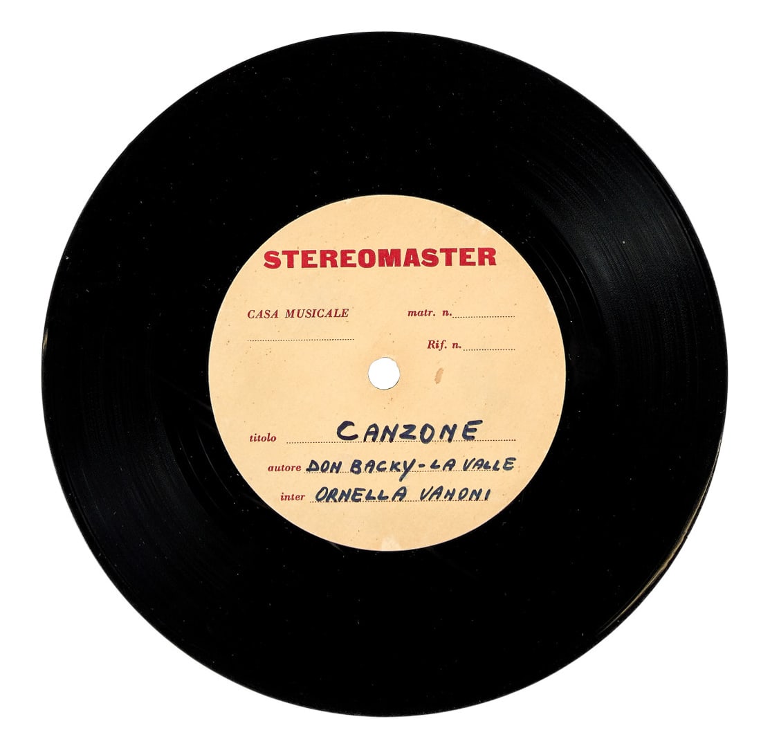ORNELLA VANONI "Canzone" original demo version, on acetate ca. 1967-1968: Rare unreleased 45 RPM acetate, featuring Ornella Vanoni’s version of the song Canzone. The track had originally been intended for her participation in the Sanremo Music Festival, but was ultima