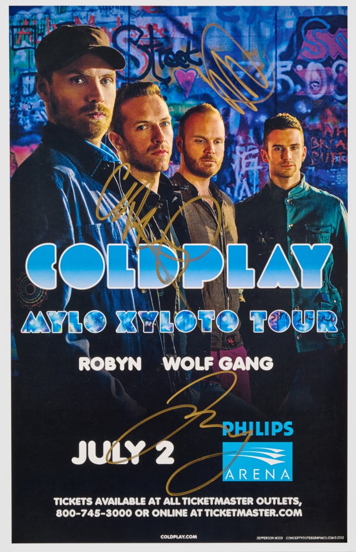 COLDPLAY Mylo Xyloto Tour 2012: Promotional tour poster featuring autograph signatures of Chris Martin, Will Champion and Jonny Buckland 17.13 x 11.02 in.