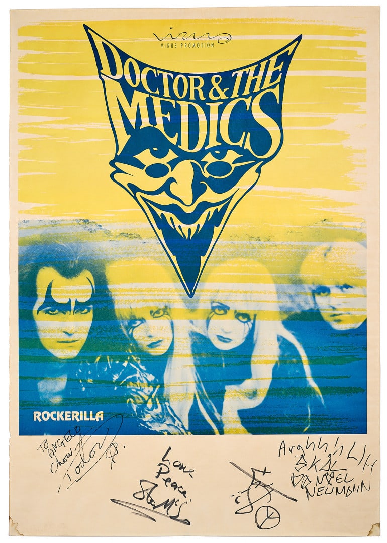 DOCTOR & THE MEDICS Autographed poster: Offset, printer unknown Condition: B- 39.37 x 27.56 in. Promotional poster featuring autograph signatures of four members of the band