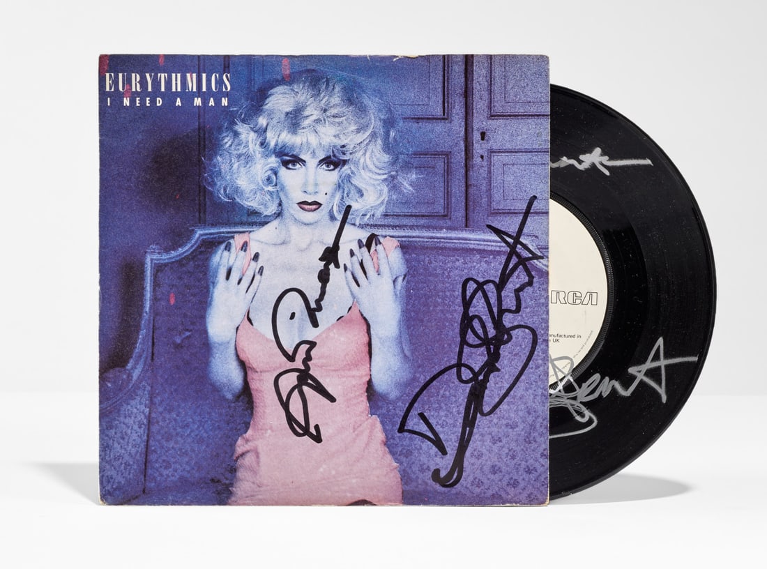 EURYTHMICS I Need a Man / I Need You 1983: 45 RPM featuring Annie Lennox and Dave Stewart autographs on both the cover and the record