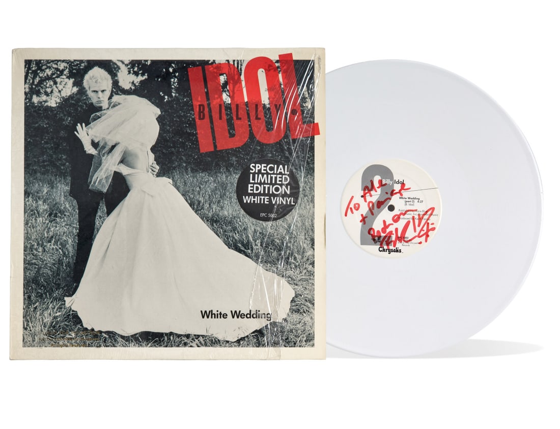 BILLY IDOL White Wedding 1982: LP featuring Billy Idol’s autograph signature, presented in a display frame. 14.96 x 28.35 in.