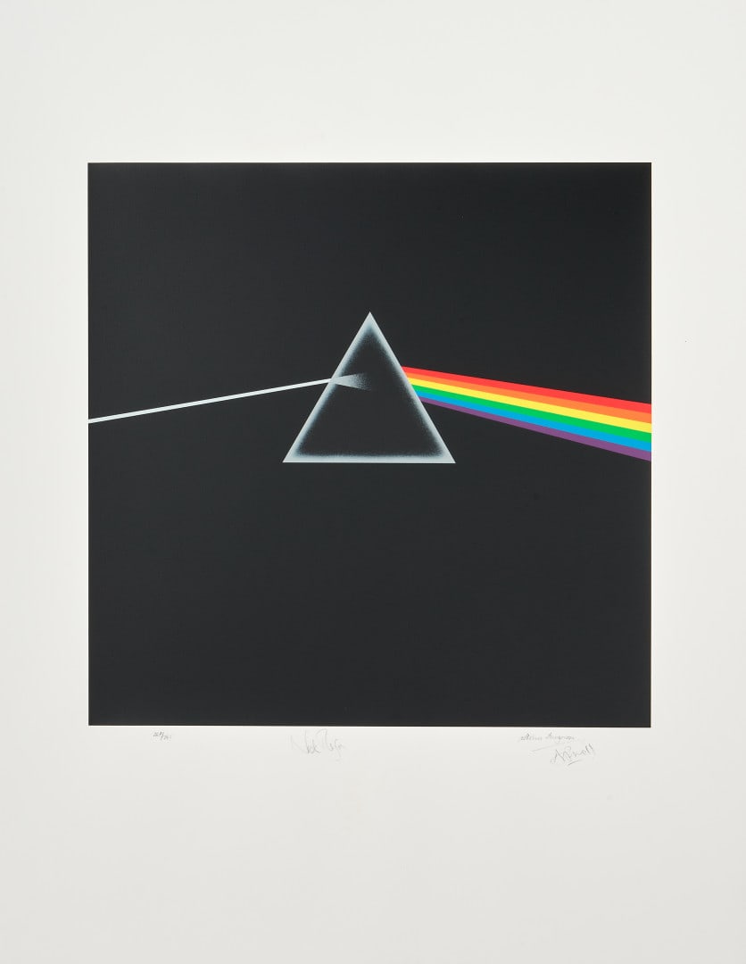 PINK FLOYD - STORM THORGERSON The Dark Side of Moon - Album cover 2000: Signed By: Storm Thorgerson, Nick Mason and Aubrey Powell. Edition size: 287/295 Medium: Screenprint with 12 colours on Somerset tub sized paper 310gsm Dimension image: 19 x 19 in Dimension paper: 33