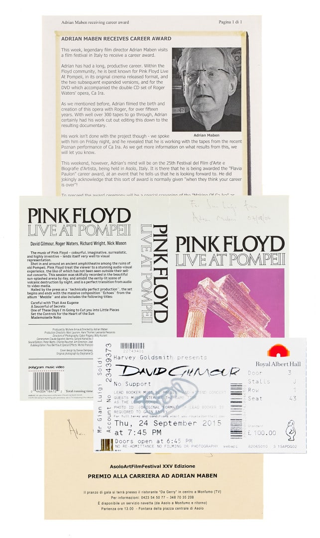 PINK FLOYD Miscellaneous group 2000s: - Adrian Maben Lifetime Achievement Award for the live performance in Pompeii, with signature and dedication - David Gilmour Concert Ticket in Pompeii - Autograph by Jon Carin, keyboardist/guitarist w