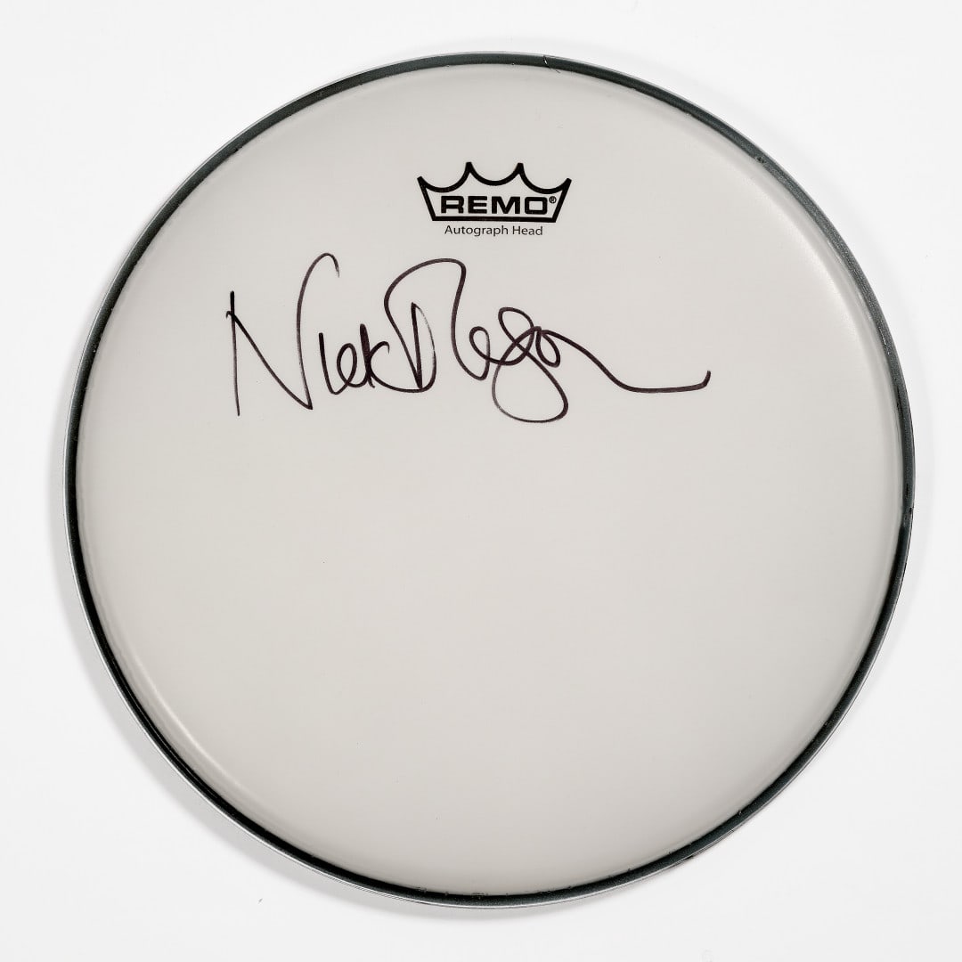 NICK MASON Autograph on drumhead: Autograph signature of Nick Mason, founding member and legendary drummer of Pink Floyd