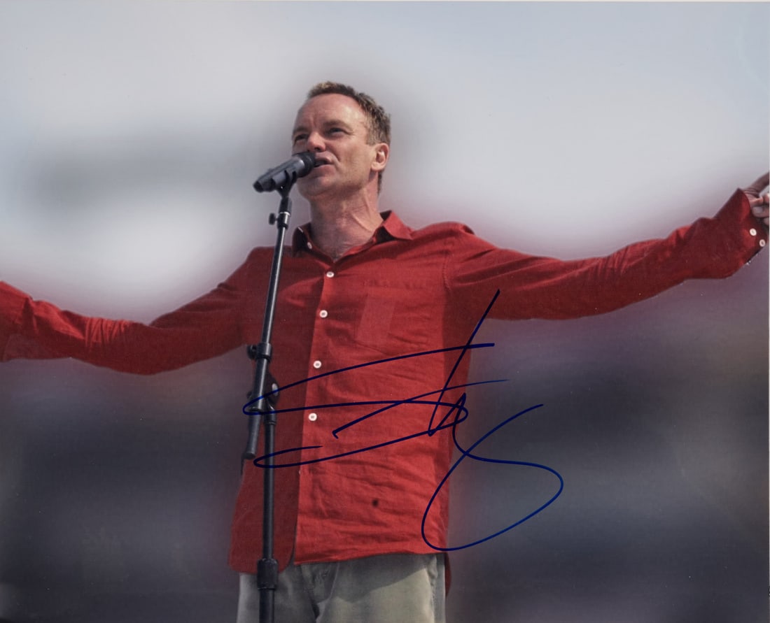 STING Signed photographic print 2008: Photographic print depicting the artist during a live concert in San Francisco, featuring an autograph signature 7.87 x 9.84 in.