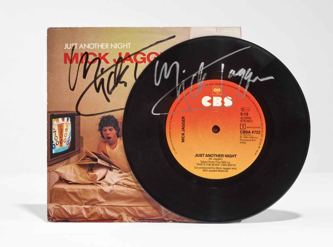 MICK JAGGER Just Another Night / Turn the Girl Loose 1985: 45 RPM featuring the artist’s double autograph signature on both the cover and the record