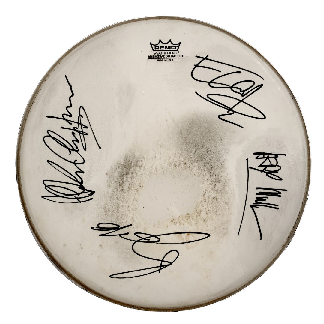 U2 Original drumhead 2001: Used by Larry Mullen, signed by Bono Vox, The Edge, Adam Clayton and Larry Mullen 14.57 in.