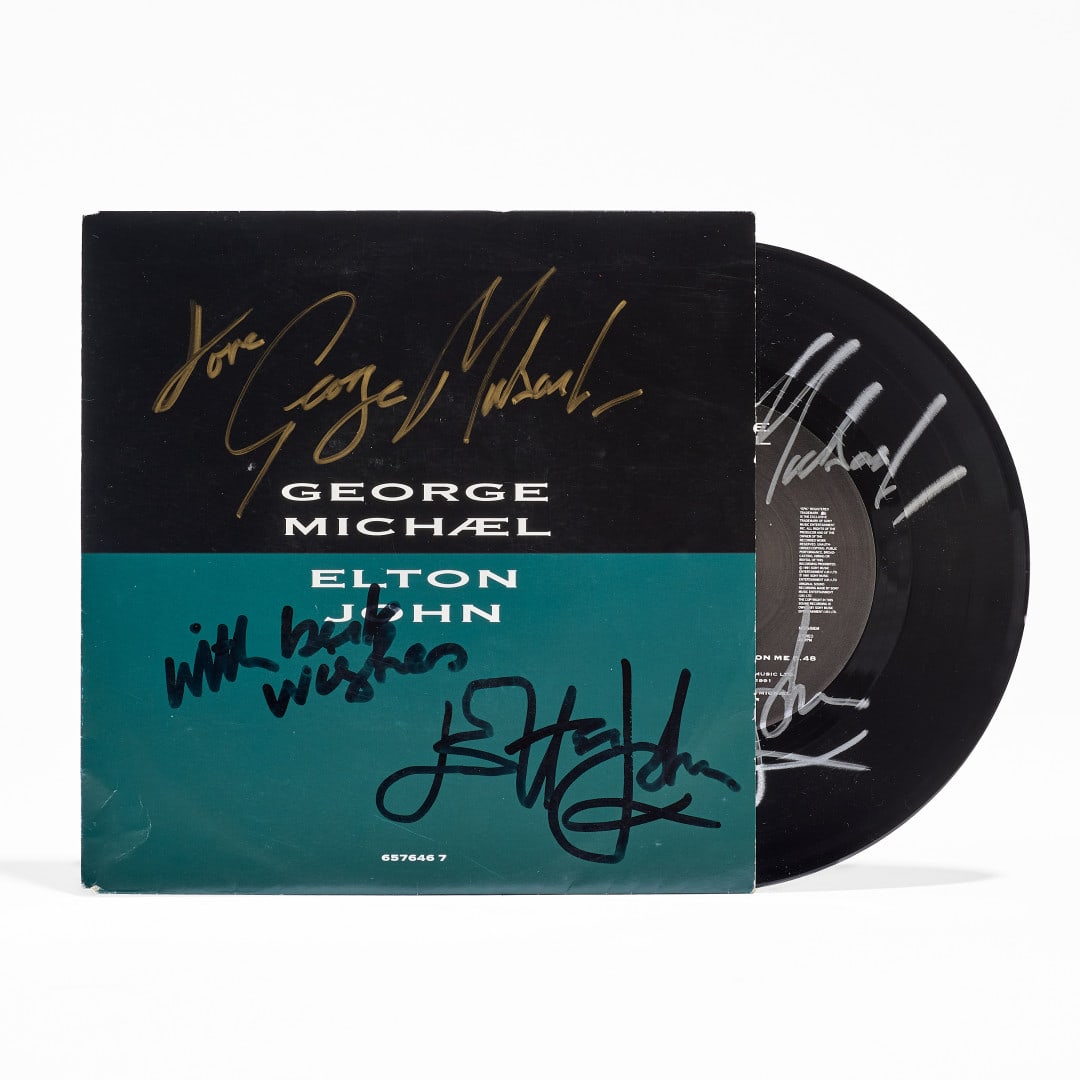GEORGE MICHAEL & ELTON JOHN Don't Let the Sun Go Down on Me / I Believe 1991: 45 RPM featuring autograph signatures of both artists, on both the record and the cover