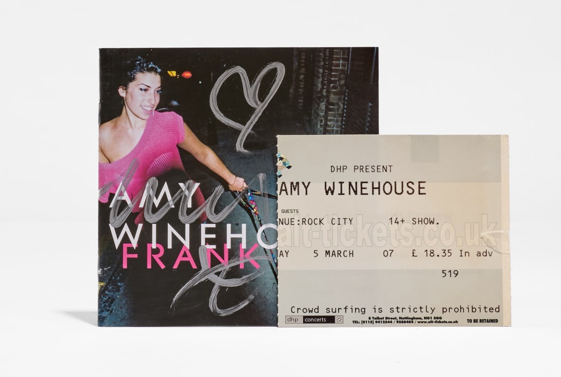 AMY WINEHOUSE Autographed “Frank” CD with Rock City concert ticket 2003: Original CD signed by the artist, including a concert ticket from Rock City on March 5th, 2007