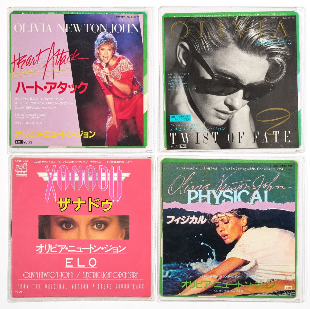 OLIVIA NEWTON-JOHN Japanese 45 RPM set 1980s: Titles include: Elo, Physical, Heart Attack and Twist of Faith (4)