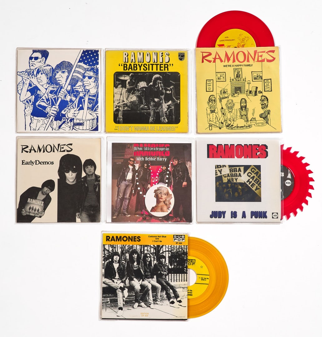 RAMONES Set of unofficial colored 45 RPM 1980/90s: Titles include: We're a Happy Family, Carbona not Glue, Old Punks, Early Demos, Babysitter and Judy is a Punk (7)