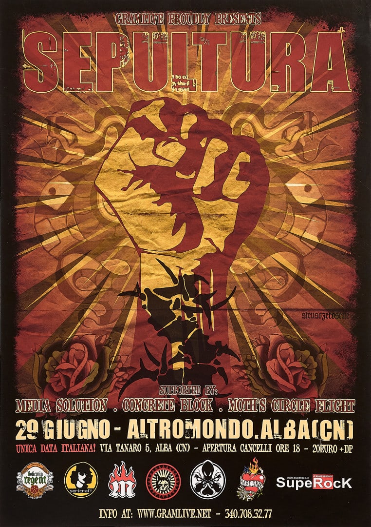 SEPULTURA Concert poster, unique Italian date 2007: Offset, printer unknown Condition: A- 15.35 x 11.02 in. Original poster relating to the concert by the band during their only Italian appearance at the Altromondo Festival in Piedmont