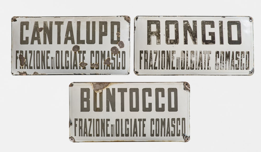 BONTOCCO/RONGIO/CANTALUPO anni '60 - BONTOCCO/RONGIO/CANTALUPO 1960s: In latta smaltata. Discreto stato. 60,00 x 30,00 cm (3) - Enameled tin. Fair condition. 23.62 x 11.81 in. (3)