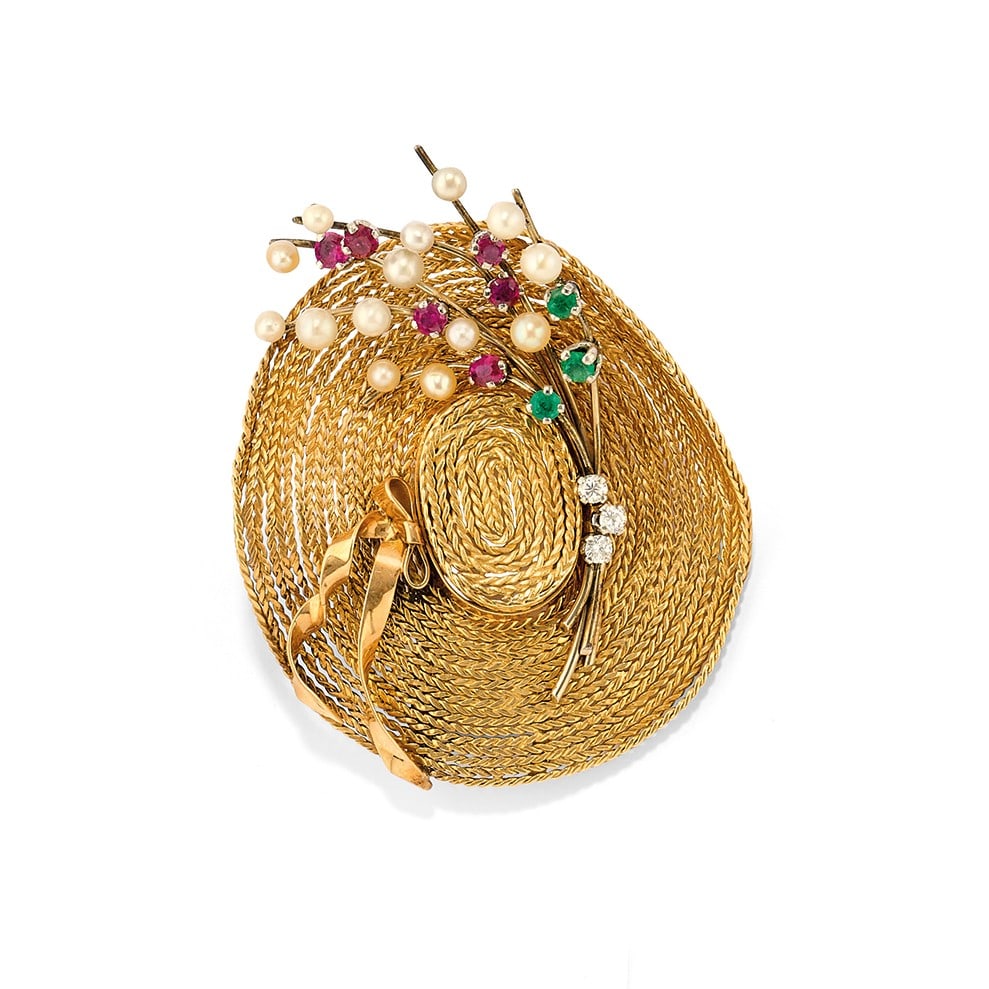 SPILLA IN GEMME, PERLE COLTIVATE E DIAMANTI - GEM, CULTURED PEARL AND DIAMOND BROOCH (1 of 1)