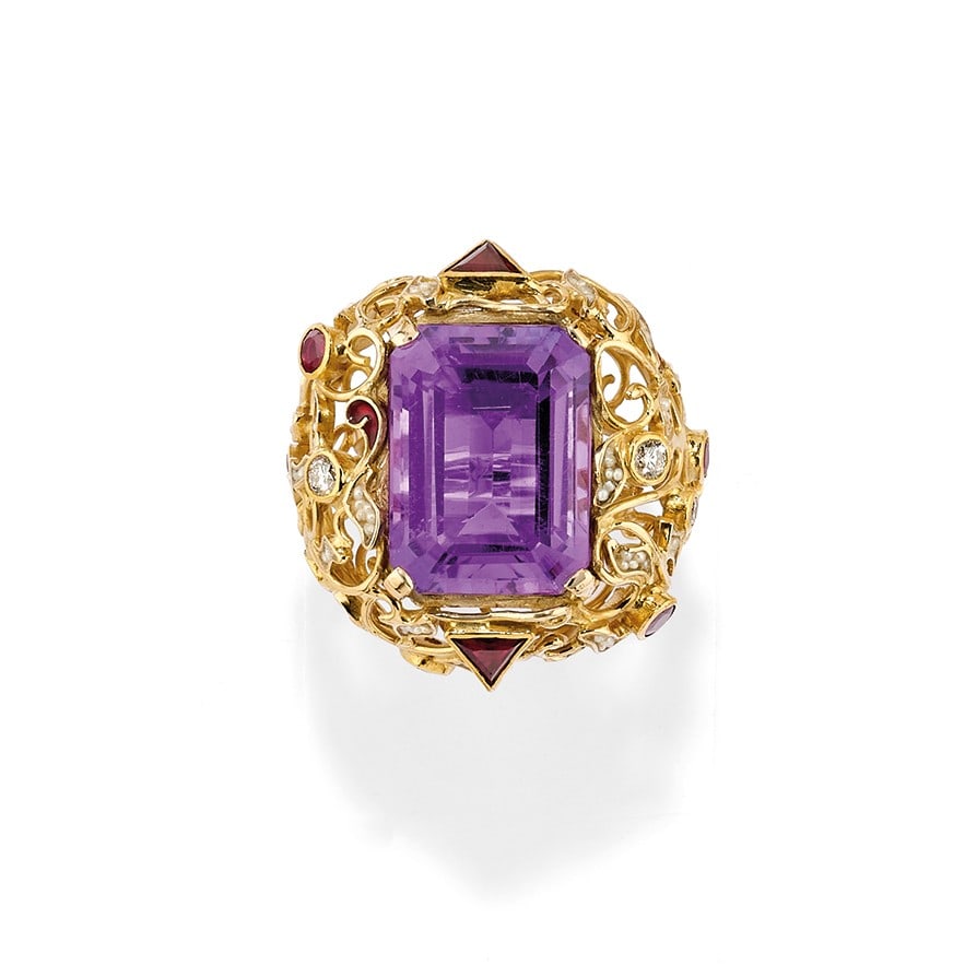 DEMI-PARURE IN AMETISTE, DIAMANTI, E GEMME - AMETHYST, DIAMOND, AND GEM-SET DEMI-PARURE (1 of 3)