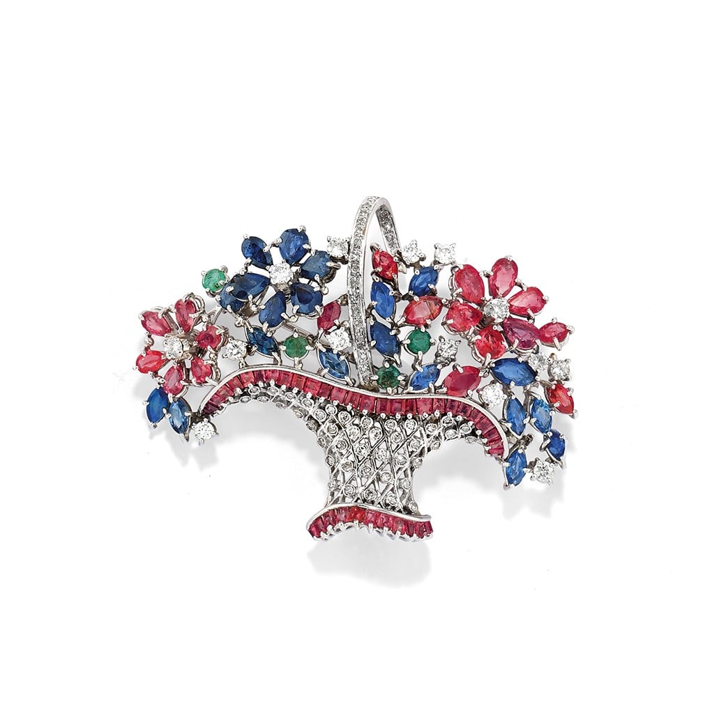 SPILLA IN CORINDONI, SMERALDI E DIAMANTI - CORUNDUM, EMERALD AND DIAMOND BROOCH (1 of 1)