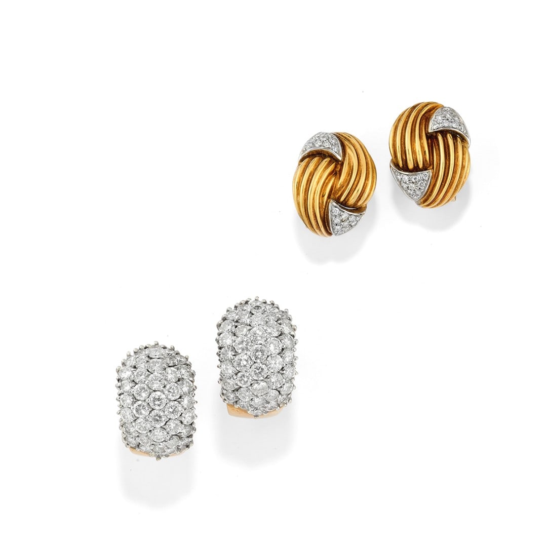 LOTTO DI DUE PAIA DI ORECCHINI A CLIP IN DIAMANTI - LOT OF TWO PAIRS OF DIAMOND EAR CLIPS (1 of 2)