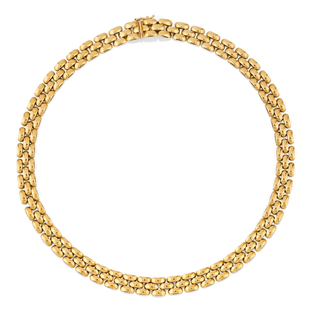 DEMI-PARURE IN ORO GIALLO 18 KT - 18K YELLOW GOLD DEMI-PARURE: composta da un girocollo e un bracciale, con maglie a chicco di riso. Gr 79,30 - Girocollo / necklace cm 42,50 x 0,90; Bracciale / bracelet cm 18,30 x 1,60 - including a necklace and a bracelet, desig