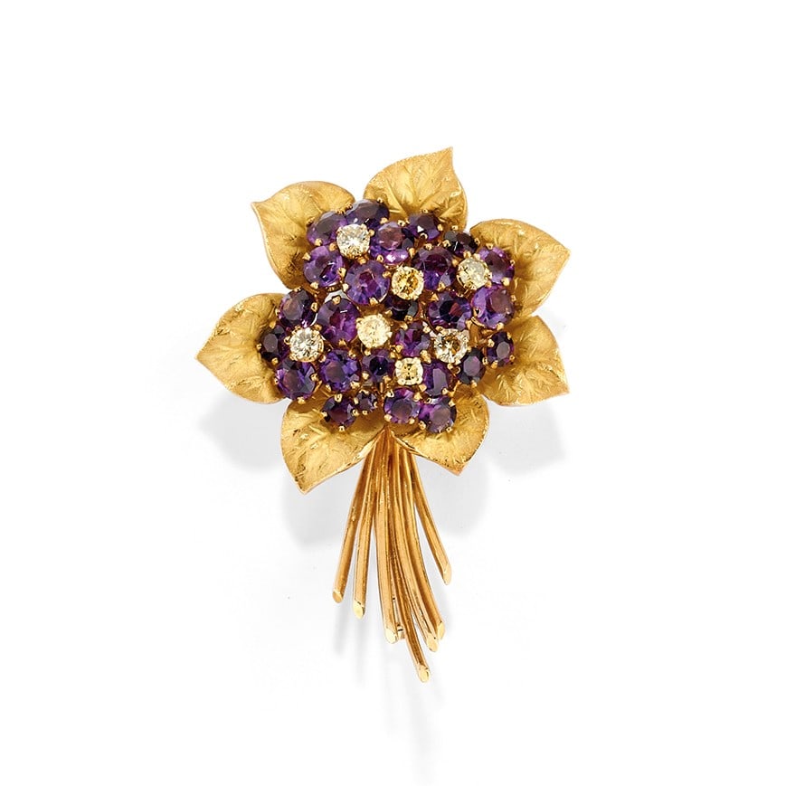 SPILLA IN AMETISTE E DIAMANTI FANCY, BULGARI - AMETHYST AND FANCY DIAMOND BROOCH, BULGARI (1 of 1)