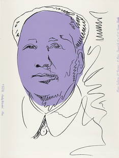 ANDY WARHOL: Silkscreen print on wallpaper. Fold marks. Note: Among the left margin is written: © 1974 Andy Warhol Mao; among the right margin: Musée Galliera 23 Fevrier - 18 Mars Ouvert de 10 a 17:45 Ferme