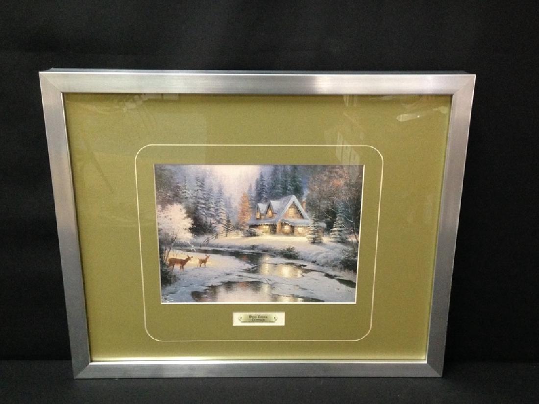Thomas Kincade Deer Creek Cottage-Lithograph: The painter of light is behind this beautiful image, it's an offset lithograph in a gallery style frame that measures approximately 21 1/2" X 17" ...ready to warm your home or office...See the photos.