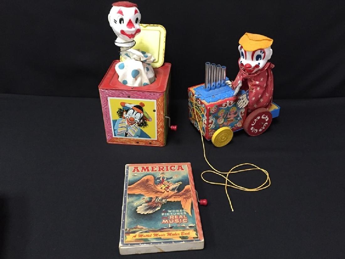 (3) 1950's Mattel Toys, 'Jack in the Box' & More.: This lot of vintage 1950's toys includes the 'Mattel Music Maker Book' from 1951. Turn the crank and it plays music. The lot also includes the 1952 Calliope Clown with pipe organ. The toy has the stri