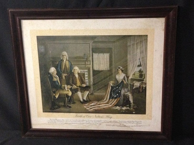 H.A. Thomas & Wylie "Birth of Our Nations Flag".: Medium: 1 printed chromolithograph that shows an interior scene with General George Washington seated on the left with Robert Morris, and standing, the Honorable George Ross, and with Betsy Ross seate