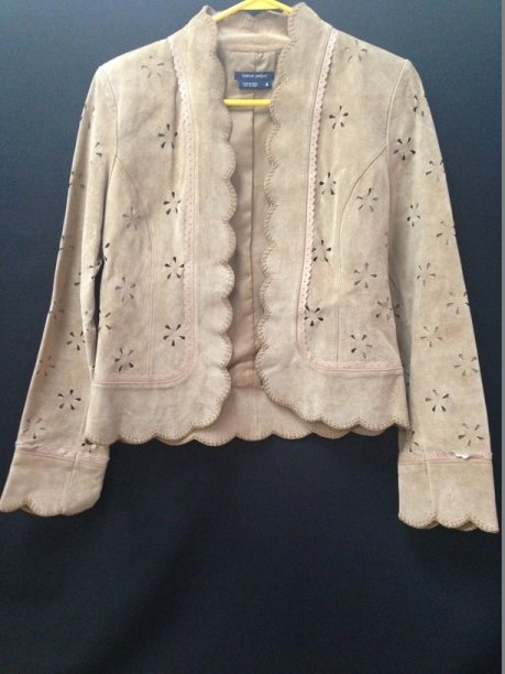 Vintage Ladies Boston Proper Suede Jacket. Sz 4.: Good luck bidding on this jacket ladies. The vintage Boston Proper suede jacket is light tan with die-cut designs front and back and on the sleeves. The scalloped lapels and collar is meant to be worn