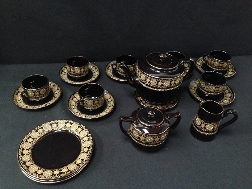 (23) Pc Gibson and Sons 'Greek Border' Pottery: Tea Service. You are bidding on a very nice vintage pottery Tea Service set in the 'Greek Border' Pattern. The set is done in a beautiful shiny black ground and hand painted with a colorful border wit