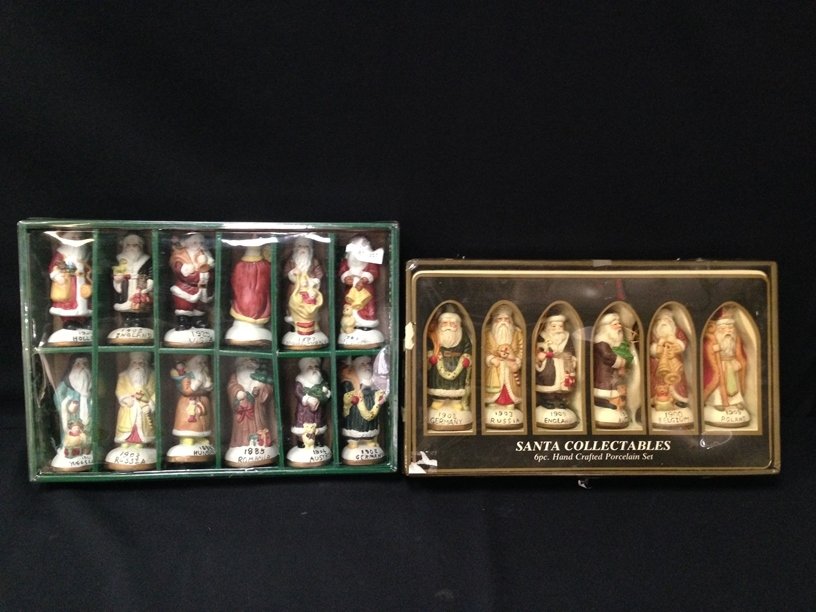 Lot (2) Porcelain Santas of The World Sets.: One is a 6 piece Santa Ornament Set from Ames which went out of business in 2002, and a set of 12 porcelain figures from McCrory Stores. They are approx. 5" tall and in nice looking shape.