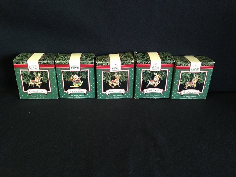 1992 (5) Piece Hallmark Santa & His Reindeer Set.: This is the complete (5) piece 1992 Hallmark Keepsake Ornaments Santa and His Reindeer Collection set: (Dasher & Dancer), (Prancer & Vixen), (Comet & Cupid), (Donder & Blitzer) with Santa Claus. All a