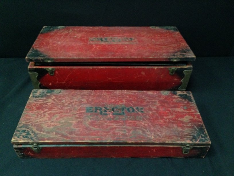 Vintage Erector Sets New Haven, Conn: Fantastic Estate Item here. This wooden boxed Erector set seems to have most if not all of the pieces. You get both the boxes you see pictured. The larger box measures 22.5" x 11" x 6" and the smaller