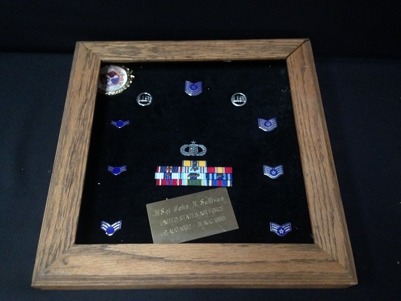 Shadow Box Display of Military Accouterments: 15" x 15" Square shadow box of Air Force Medals and accouterments. The medals are affixed to a black felt background and presented as you see it. Great collectible...Good Luck!!!