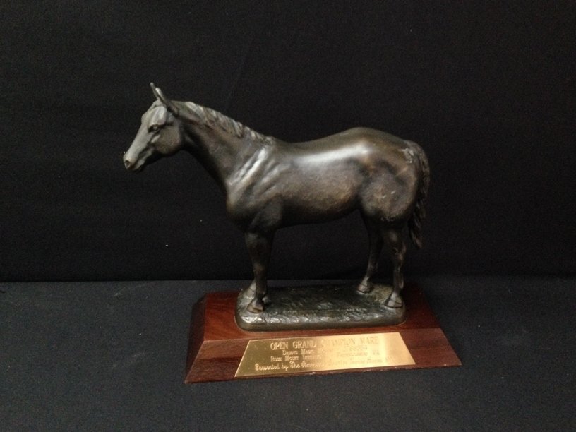 Bronze AQHA Champion Mare Trophy 1990.: This vintage OPEN GRAND CHAMPION MARE 1990 horse trophy was presented to 'Daddys Magic Moment' at the Rose Mount Invitational in Fredericksburg, VA by the American Quarter Horse Assoc. The bronze scul