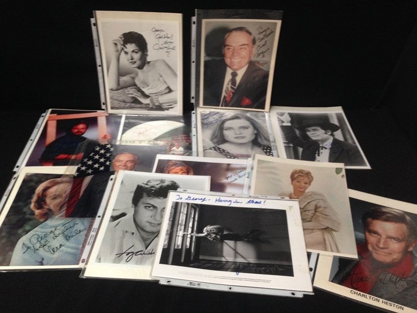 Lot (10) Celebrity Autographed Photos.: This lot includes the following signed Celebrity Photographs; Debbie Reynolds, James Garner, Ernest Borgnine, Jane Russel, Kym Malin, Dirk Durok "Swamp Thing", Tony Curtis, Christie Brinkley, Charlton