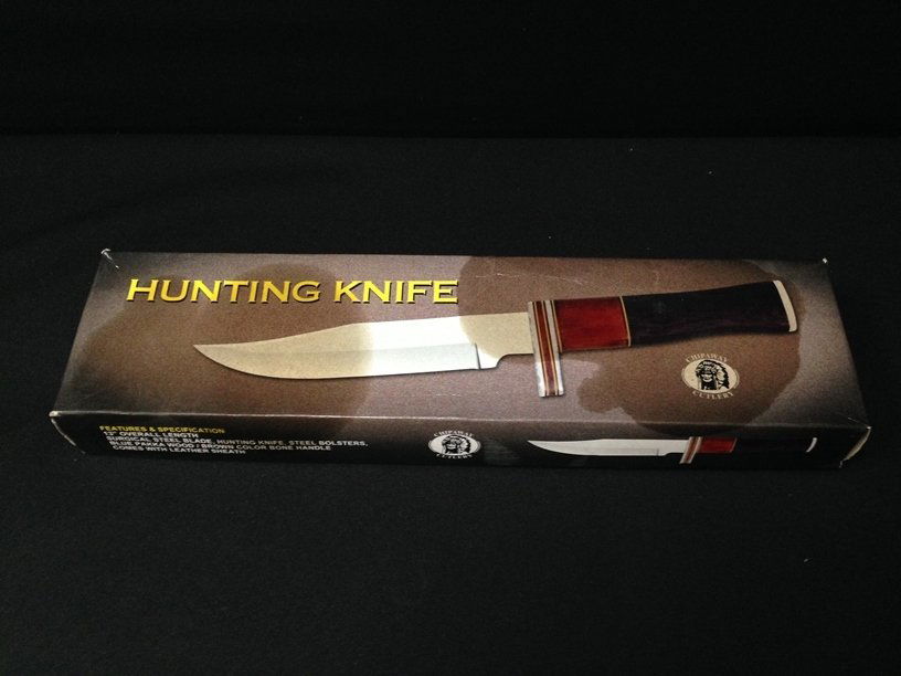 13" Chipaway Hunting Knife Bone & Pakka Handle.: This is a 13" Chipaway Hunting Knife it has; Surgical Steel Blade, Steel Bolsters, Blue Pakka wood & brown bone handle with leather sheath. It looks unused with some light wear.....see photos.
