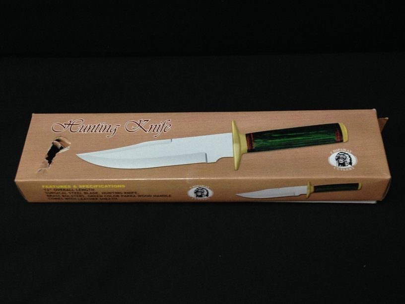 12" Chipaway Hunting Knife Pakka Wood Handle.: This knife has a surgical steel blade with brass bolsters, green pakka wood handle, and leather sheath.